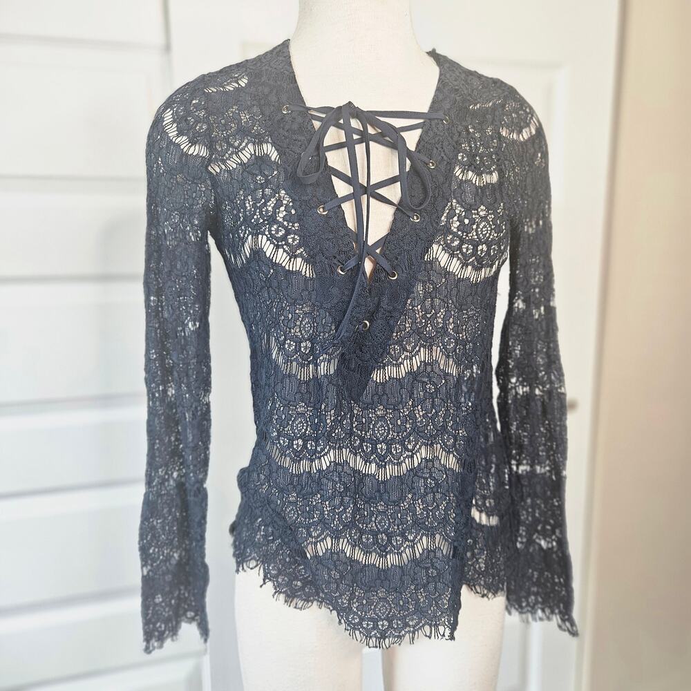 Love J Navy Blue Lace-Up V-Neck Lace Top - Size Small